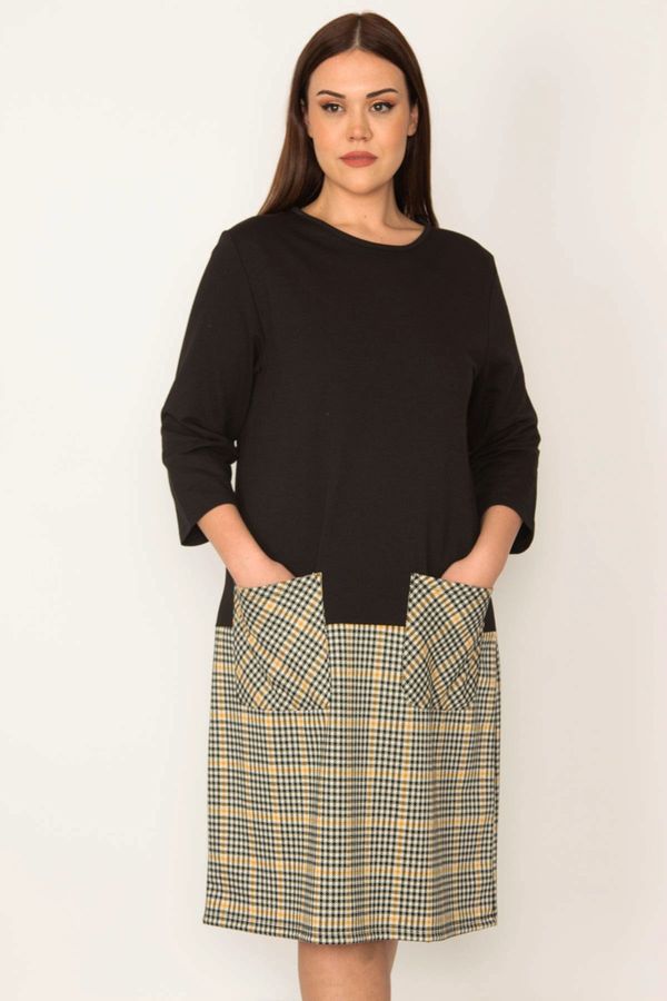 Şans Şans Women's Plus Size Black Skirt Checked Patterned Pocket Dress