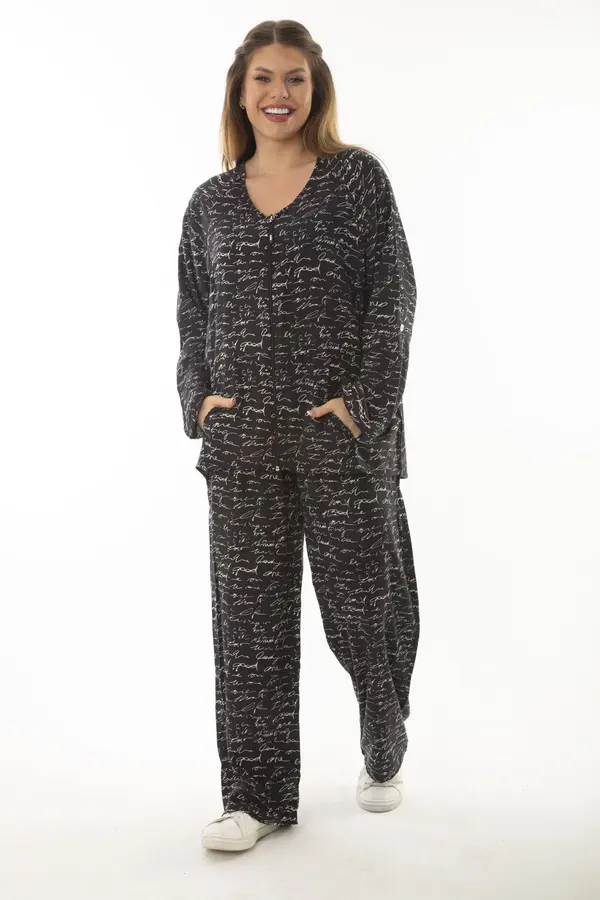 Şans Şans Women's Plus Size Black Woven Viscose Fabric Front Zippered Blouse and Pants Double Suit