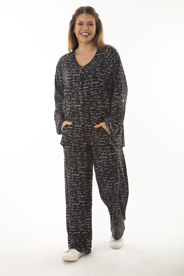 Şans Şans Women's Plus Size Black Woven Viscose Fabric Front Zippered Blouse and Pants Double Suit