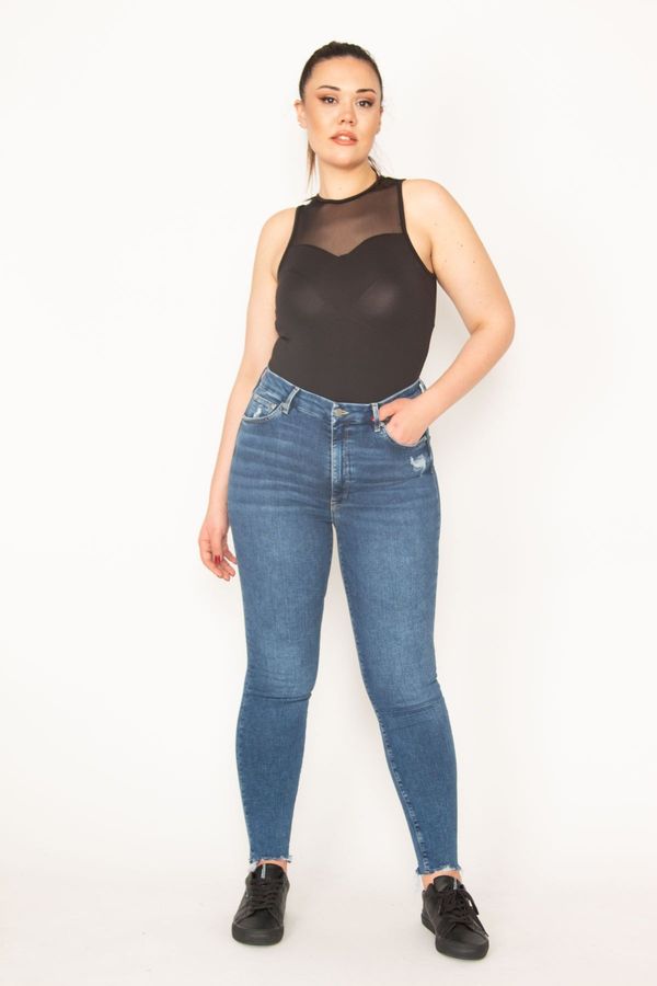 Şans Şans Women's Plus Size Blue Ripped Detailed 5 Pocket Lycra Skinny Jeans