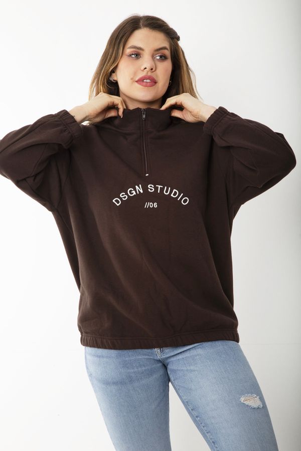 Şans Şans Women's Plus Size Brown Inner Raising Front Pat Zipper Embroidered Sweatshirt