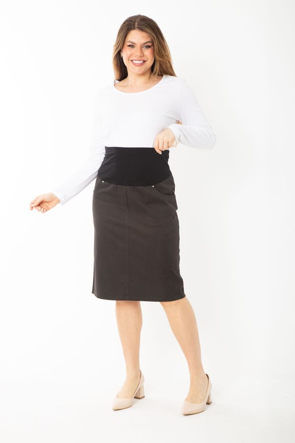 Şans Şans Women's Plus Size Coffee Waist Combed Cotton Wide Corsage Belted 4 Pocket Gabardine Skirt