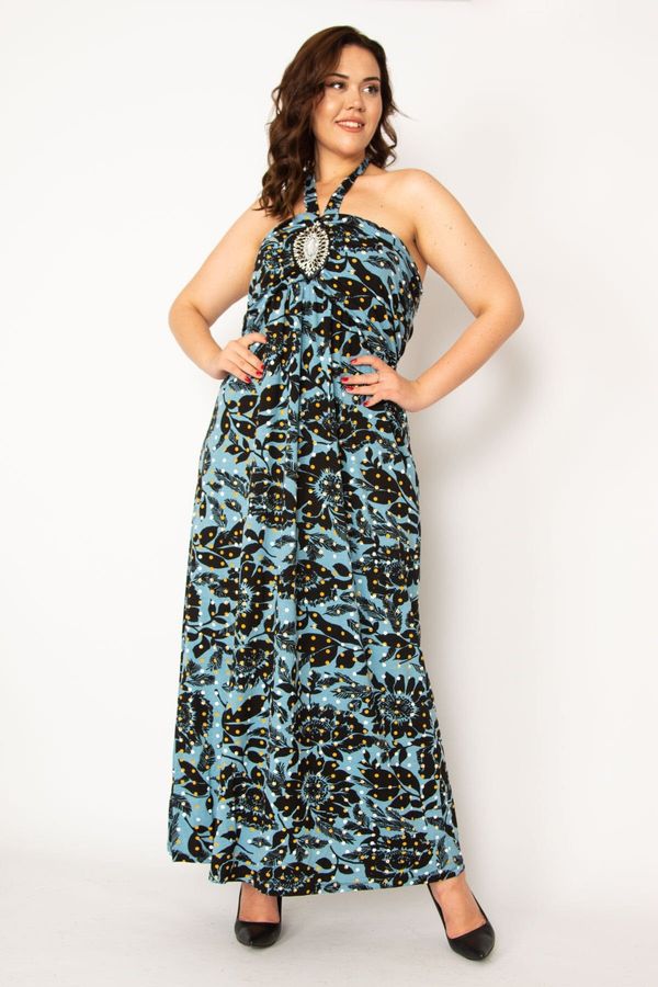 Şans Şans Women's Plus Size Colorful Chest Stone Detailed Halterneck Strapless Dress
