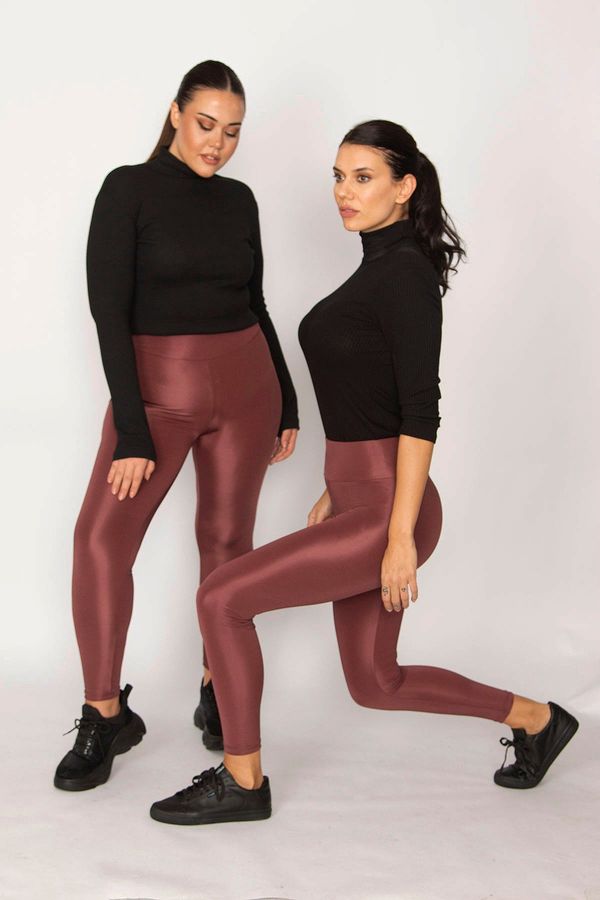 Şans Şans Women's Plus Size Dried Rose High Waist Consolidating Shiny Disco Leggings
