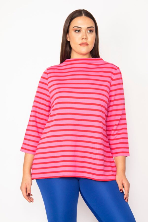 Şans Şans Women's Plus Size Fuchsia Stand-Up Collar Capri Sleeves Striped Blouse