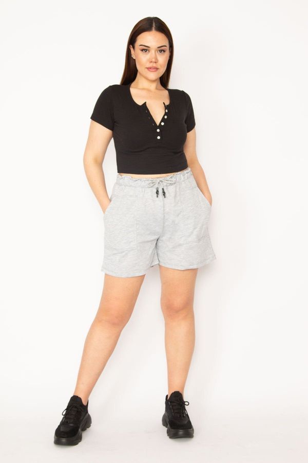 Şans Şans Women's Plus Size Gray Elastic Waist And Laced Attachment Pocket Shorts