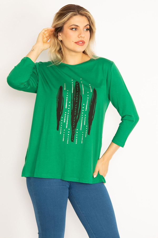 Şans Şans Women's Plus Size Green Stone And Print Detailed Blouse