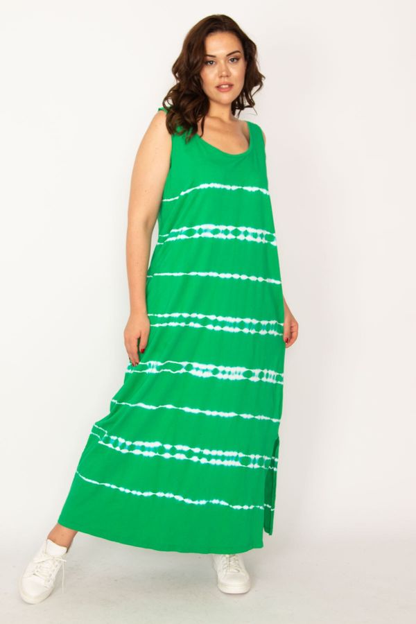 Şans Şans Women's Plus Size Green Tie Dye Printed Side Slit Maxi Length Dress