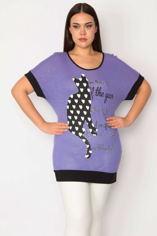 Şans Şans Women's Plus Size Lilac Front Stones And Print Detailed Tunic