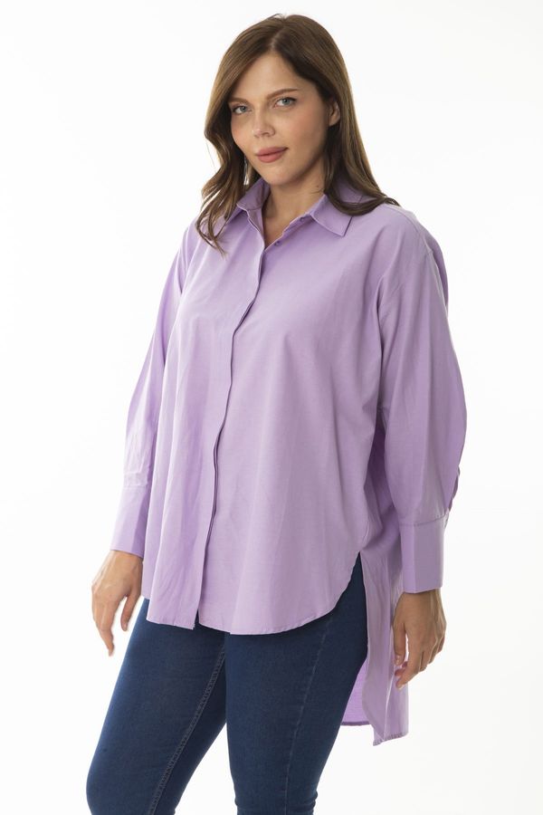 Şans Şans Women's Plus Size Lilac Shirt With Buttons In The Back Long Shirt