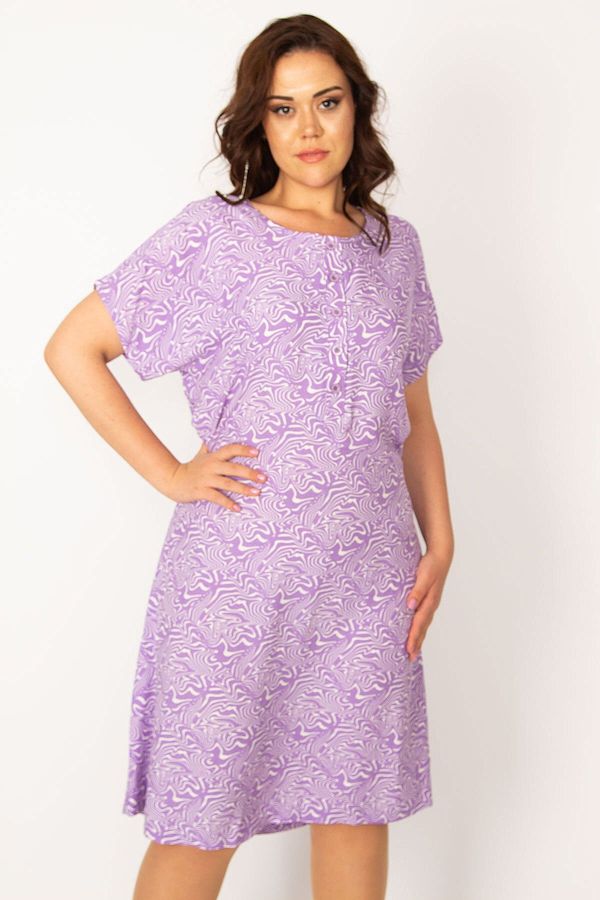 Şans Şans Women's Plus Size Lilac Weave Viscose Fabric Front Patties with Buttons and a Belted Waist Dress