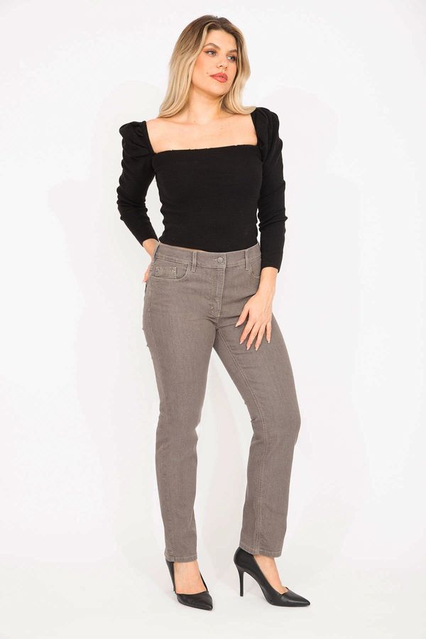 Şans Şans Women's Plus Size Mink Jeans With Elastic Detail On The Back Belt, 5 Pockets