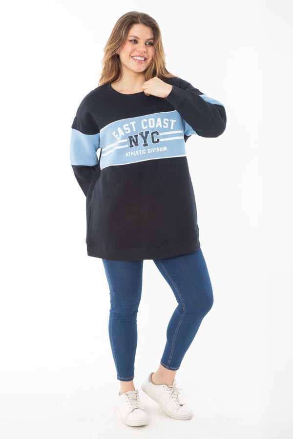Şans Şans Women's Plus Size Navy Blue Inner Raised Three Thread Sweatshirt