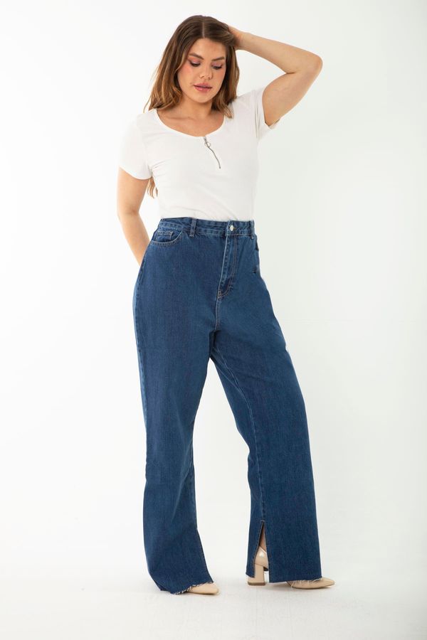 Şans Şans Women's Plus Size Navy Blue Slit Jeans Trousers