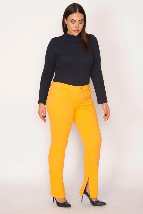 Şans Şans Women's Plus Size Orange High Waist Slit 5 Pockets Jeans.