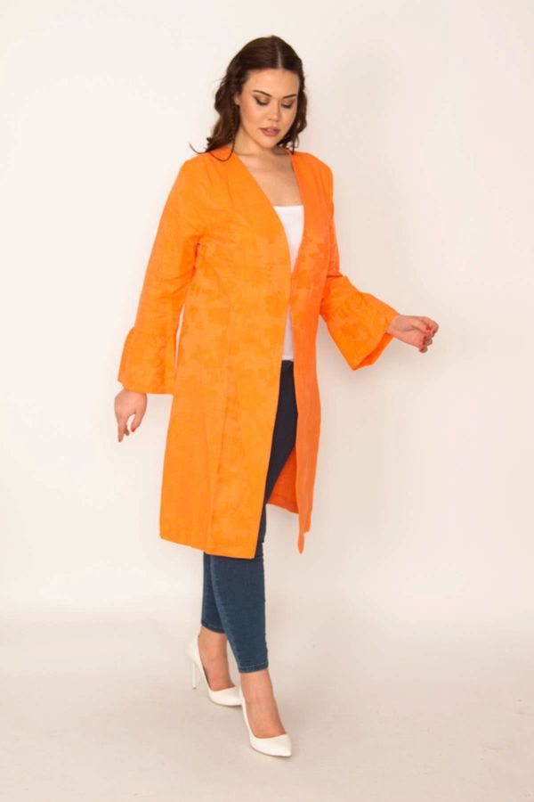 Şans Şans Women's Plus Size Orange Sleeve Detailed Single-Clip Closed Unlined Cape