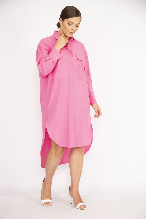 Şans Şans Women's Plus Size Pink Poplin Fabric Front Buttons Chest Pocket Long Tunic Dress