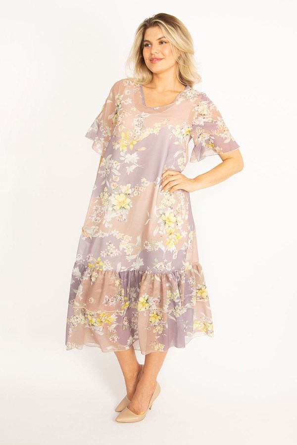 Şans Şans Women's Plus Size Powder Chiffon Dress with Slit Sleeves and Lined