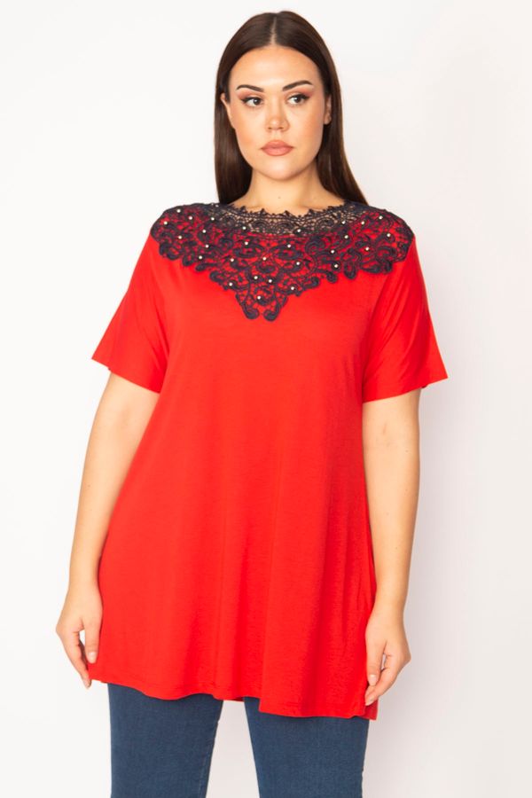 Şans Şans Women's Plus Size Red Blouse with Lace Collar