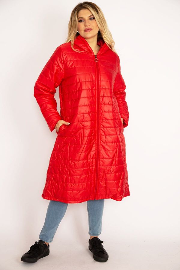 Şans Şans Women's Plus Size Red Quilted Puff Coat With Zipper And Pockets