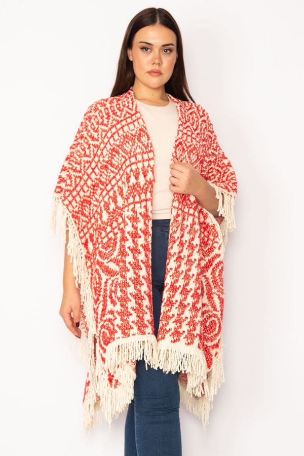 Şans Şans Women's Plus Size Red Shawl Pattern Thick Knitwear Poncho With Tassel And Shimmer Detail