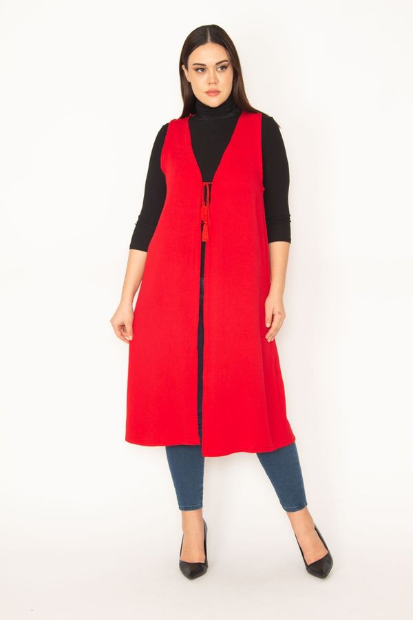 Şans Şans Women's Plus Size Red Unlined Long Vest with Lace-Up Detail in the Front