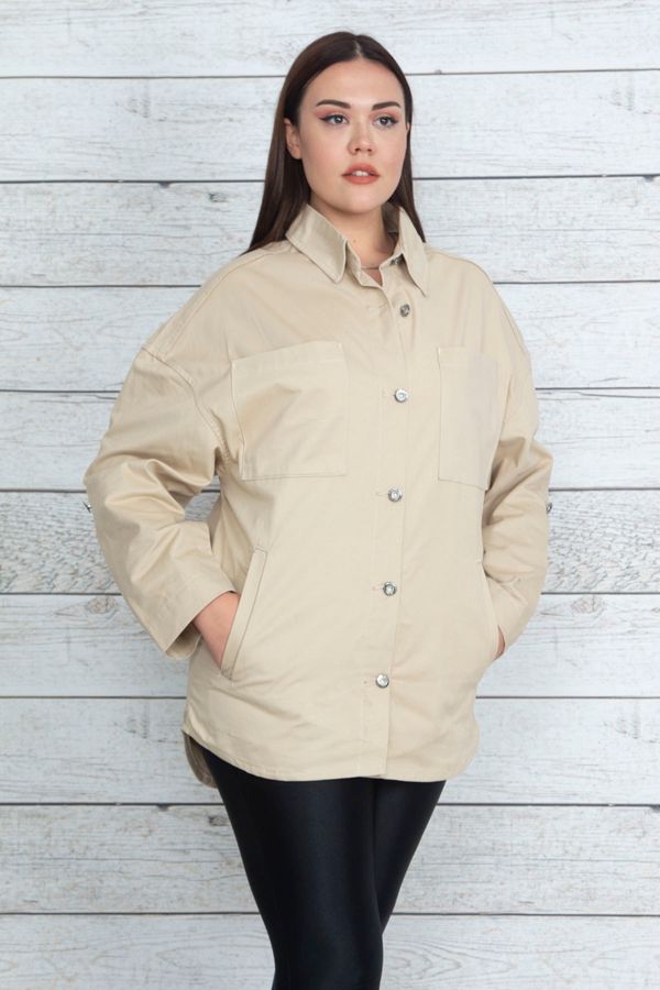 Şans Şans Women's Plus Size Stone Gabardine Fabric Coat with Metal Buttons and Adjustable Sleeve Length Unlined