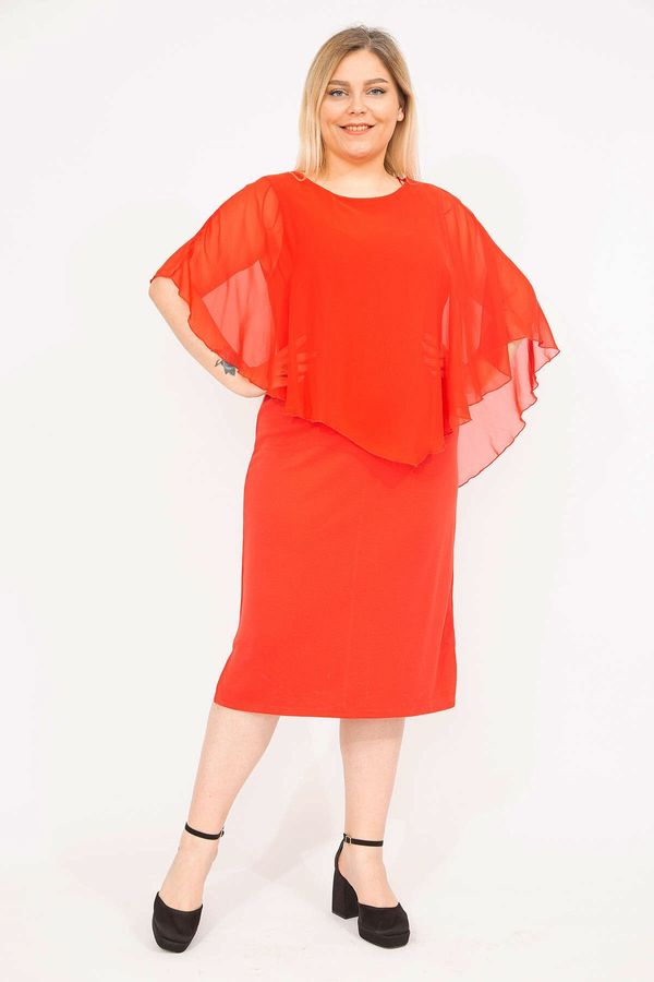 Şans Şans Women's Red Plus Size Chiffon Dress with Cape