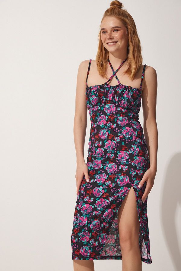 Happiness İstanbul Щастие İstanbul Дамска черна розова флорална плисирана лятна плетена рокля