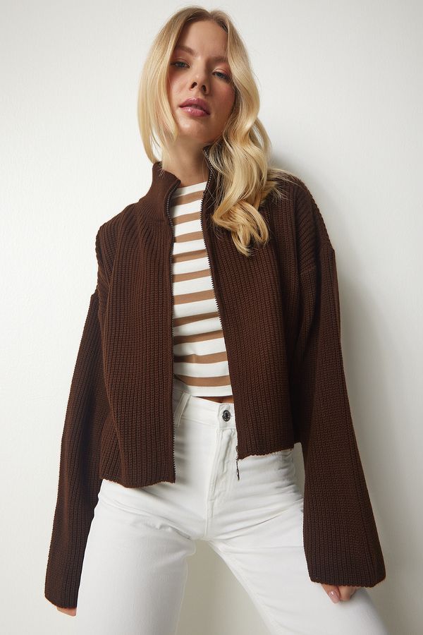 Happiness İstanbul Щастие İstanbul Дамска кафява трикотажна жилетка с цип