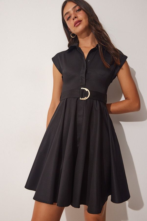 Happiness İstanbul Щастие İstanbul Дамска лятна рокля с черен колан с камбана