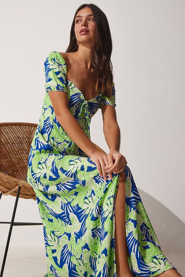 Happiness İstanbul Щастие İstanbul Дамска тъмносиня зелена флорална вискоза лятна рокля