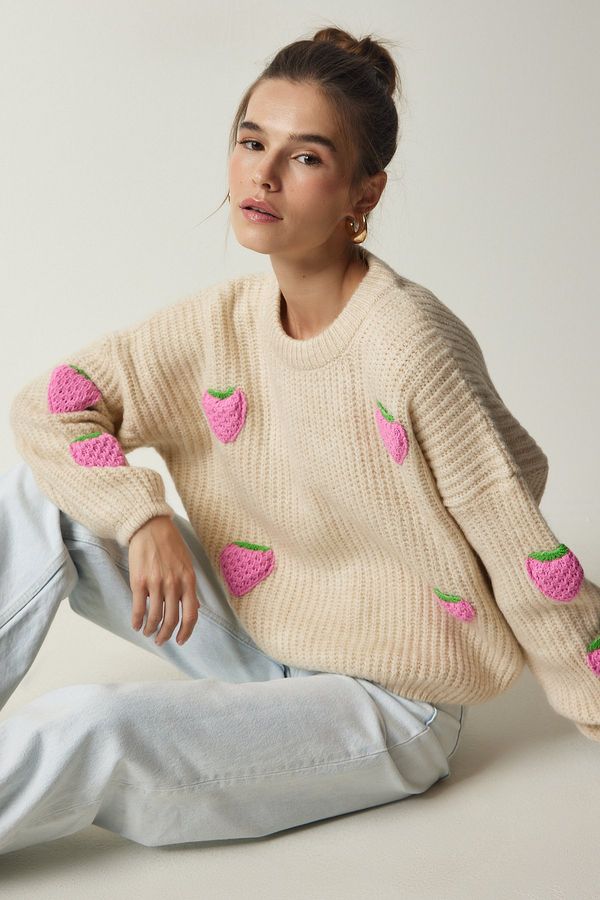 Happiness İstanbul Щастие İstanbul Дамски бежов ягодов текстуриран трикотажен пуловер