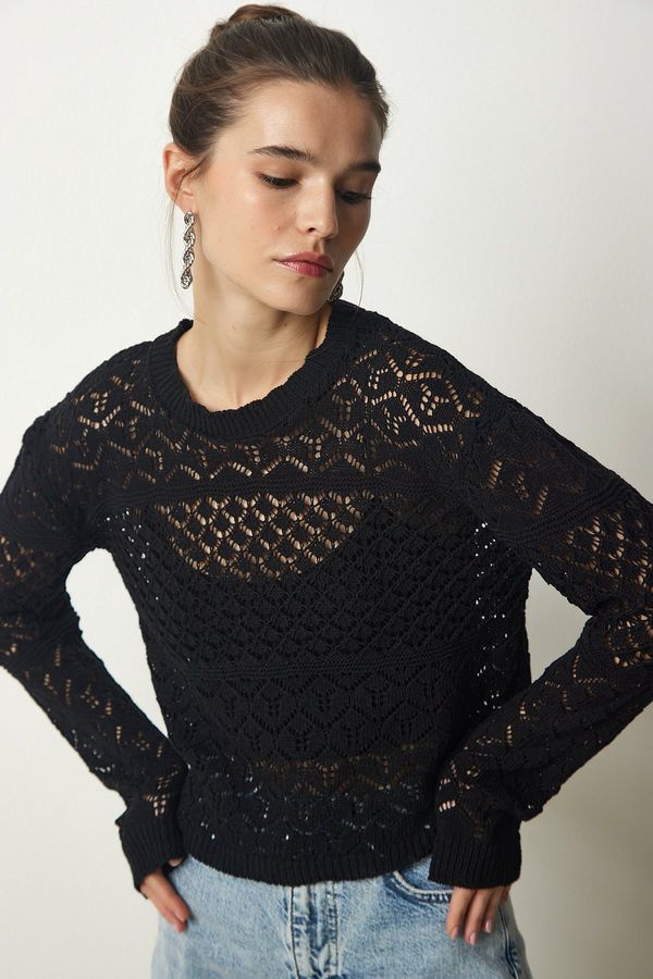 Happiness İstanbul Щастие İstanbul Дамски черен ажурен трикотажен пуловер