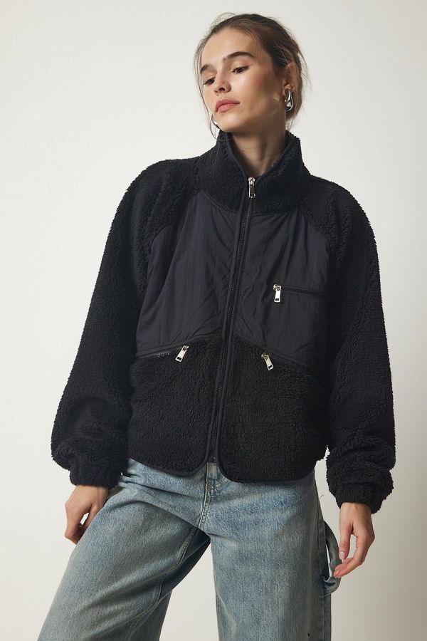 Happiness İstanbul Щастие İstanbul Дамски черен цип плюшено яке палто