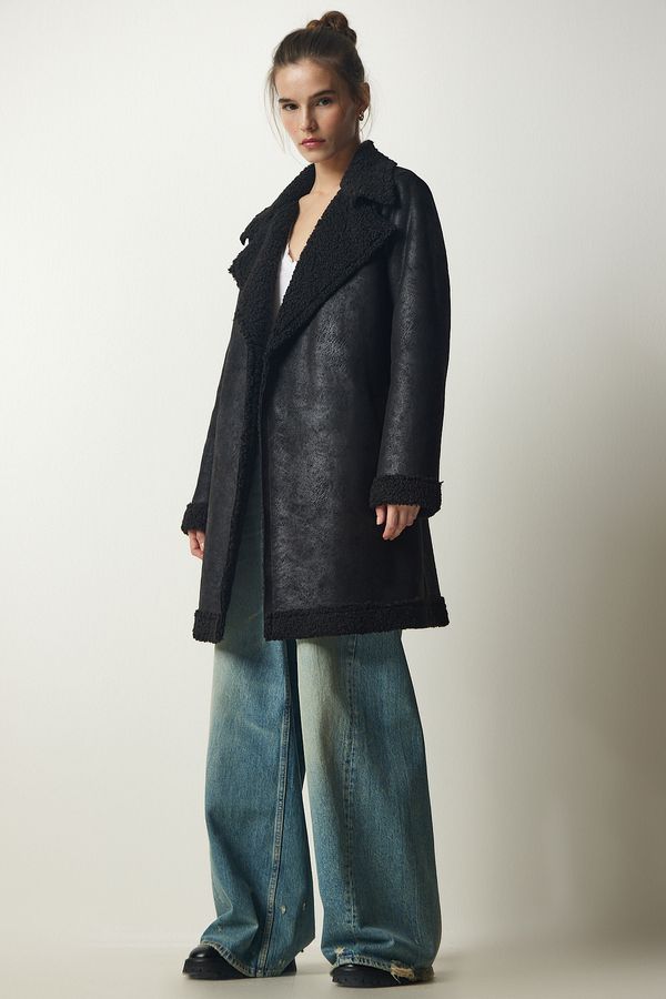 Happiness İstanbul Щастие İstanbul Дамски черен двуреден врат Shearling Nubuck палто