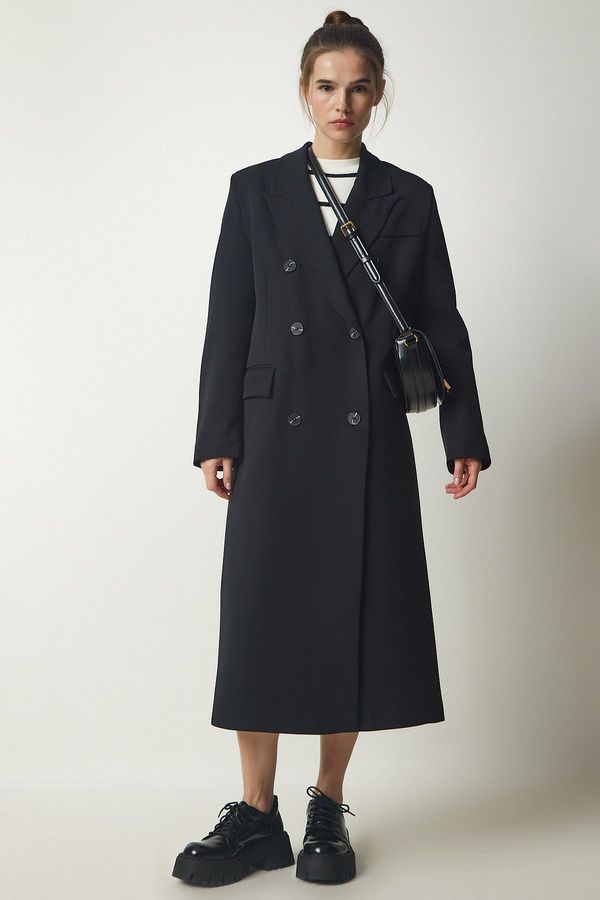 Happiness İstanbul Щастие İstanbul Дамски черен двуреден яка цепка дълго палто