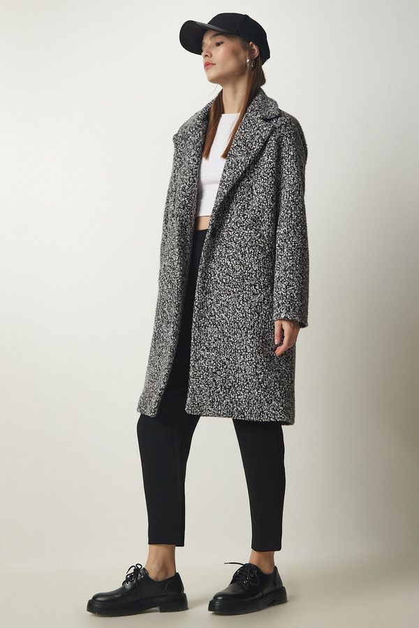 Happiness İstanbul Щастие İstanbul Дамски черен двуреден яка джоб Boucle палто