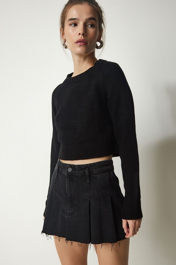 Happiness İstanbul Щастие Истанбул Дамски черен екипаж врата култура трикотаж пуловер