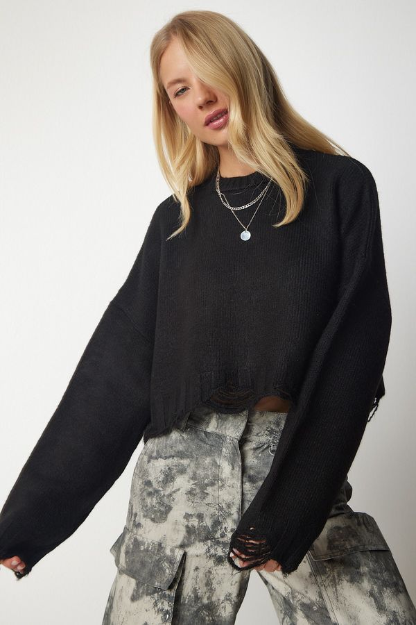 Happiness İstanbul Щастие İstanbul Дамски черен изтръгнат подробен трикотаж пуловер