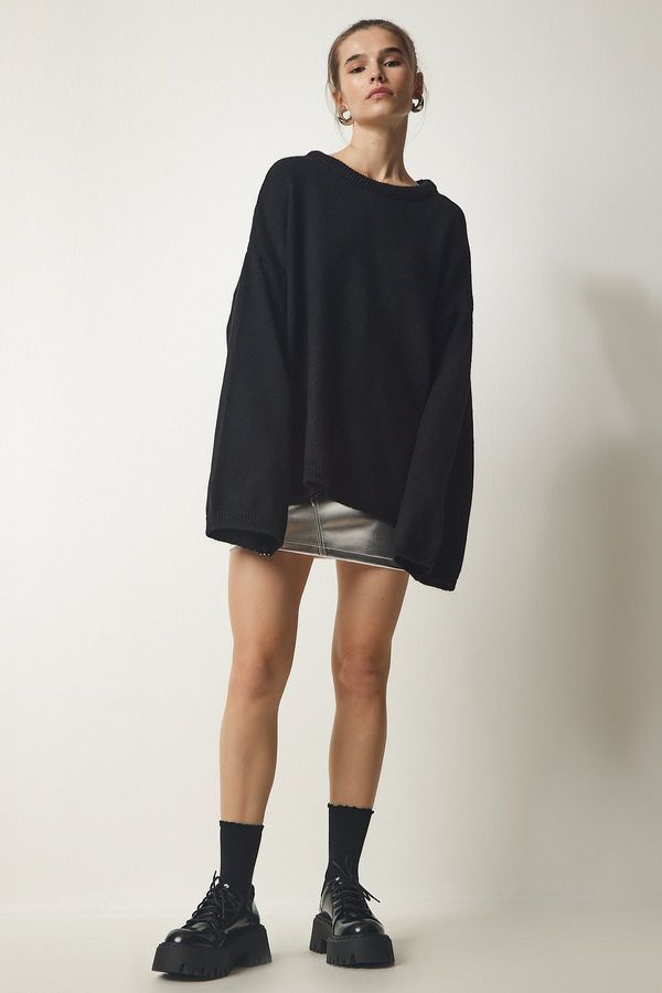 Happiness İstanbul Щастие İstanbul Дамски черен извънгабаритен основен трикотажен пуловер