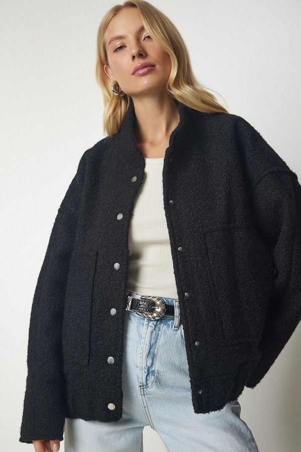 Happiness İstanbul Щастие İstanbul Дамски черен извънгабаритни Boucle яке с Snap закопчалка