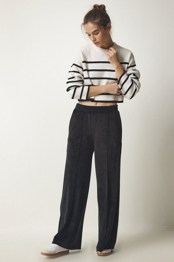 Happiness İstanbul Щастие İstanbul Дамски черен панталон Palazzo Velvet