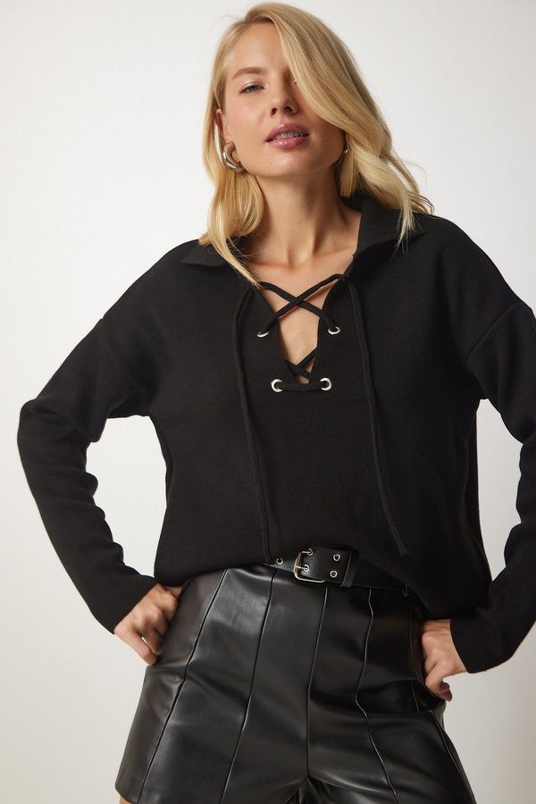 Happiness İstanbul Щастие İstanbul Дамски черен плетен пуловер с дантела