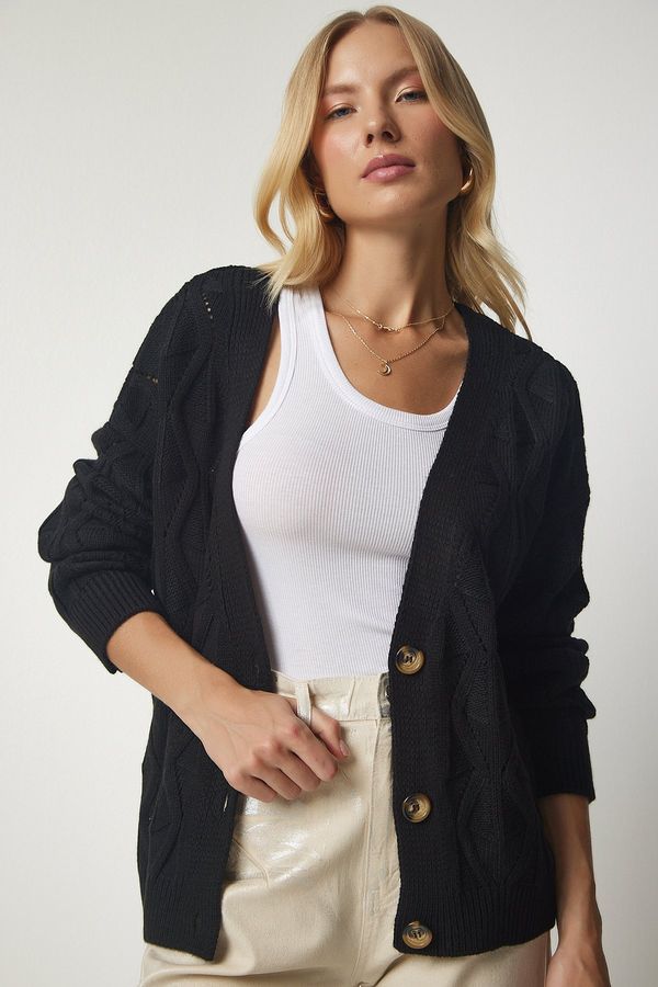 Happiness İstanbul Щастие İstanbul Дамски черен плетиво-мотив ажурна трикотаж жилетка