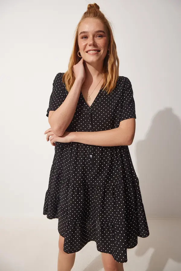 Happiness İstanbul Щастие İstanbul Дамски черен Polka Dot Flare лятна вискоза рокля