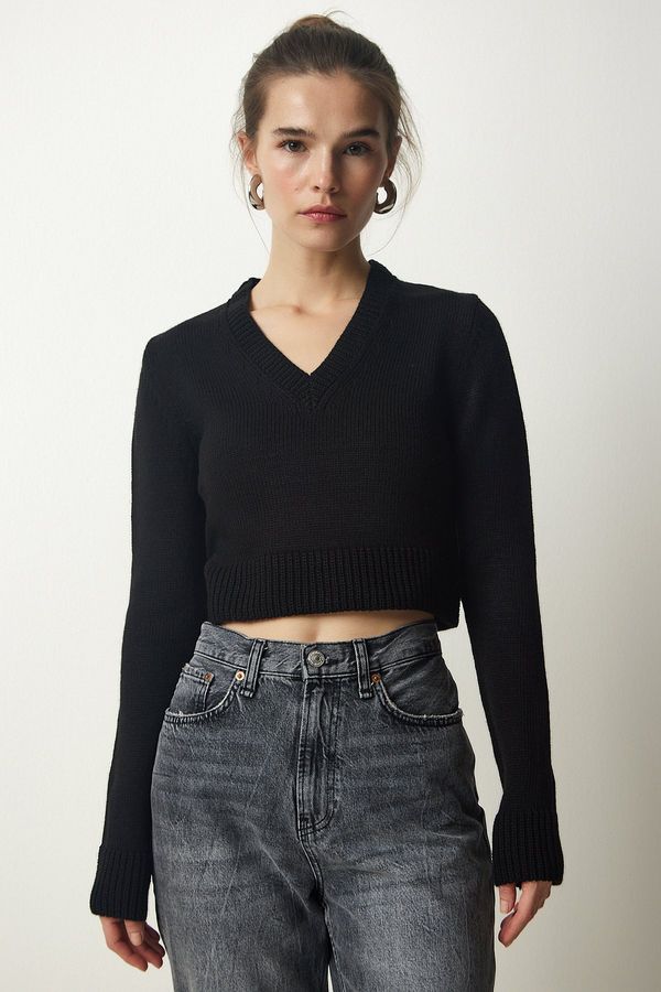 Happiness İstanbul Щастие İstanbul Дамски черен V-образно деколте Crop трикотаж пуловер