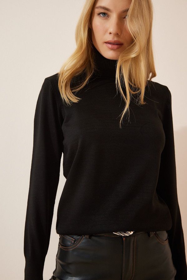 Happiness İstanbul Щастие İstanbul Дамски черен водолазка лек балон ръкави трикотаж пуловер