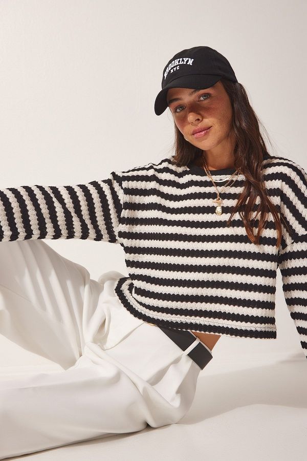 Happiness İstanbul Щастие İstanbul Дамски черни райета плетене на една кука трикотаж пуловер