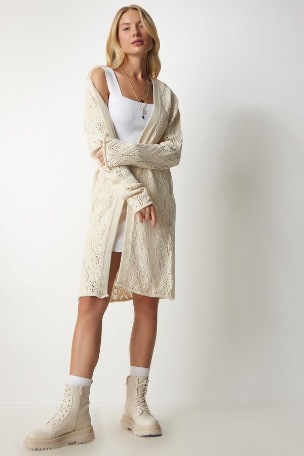 Happiness İstanbul Щастие İstanbul Дамски крем ажурна дълга трикотажна жилетка